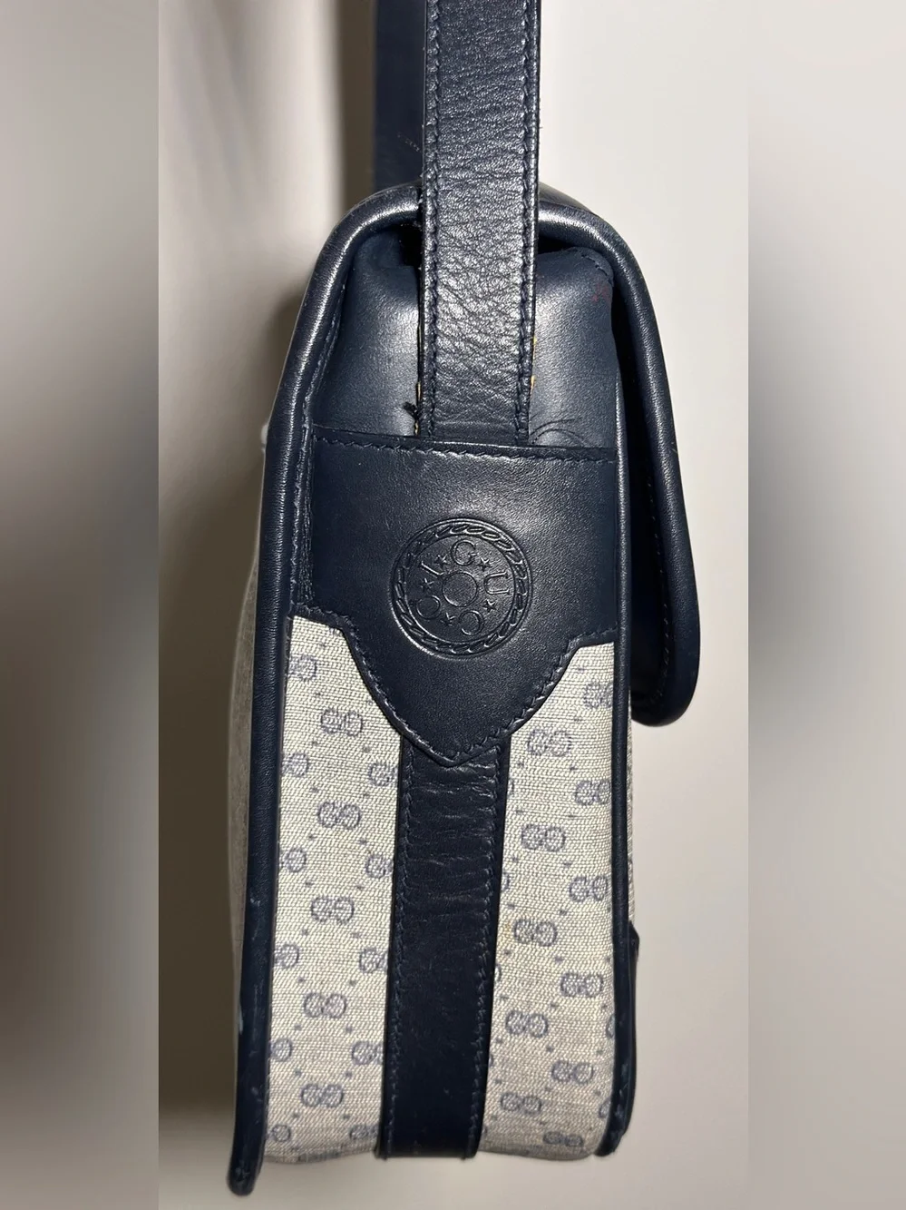 Vintage Gucci Navy Blue Leather  GG Canvas Shoulder Bag
